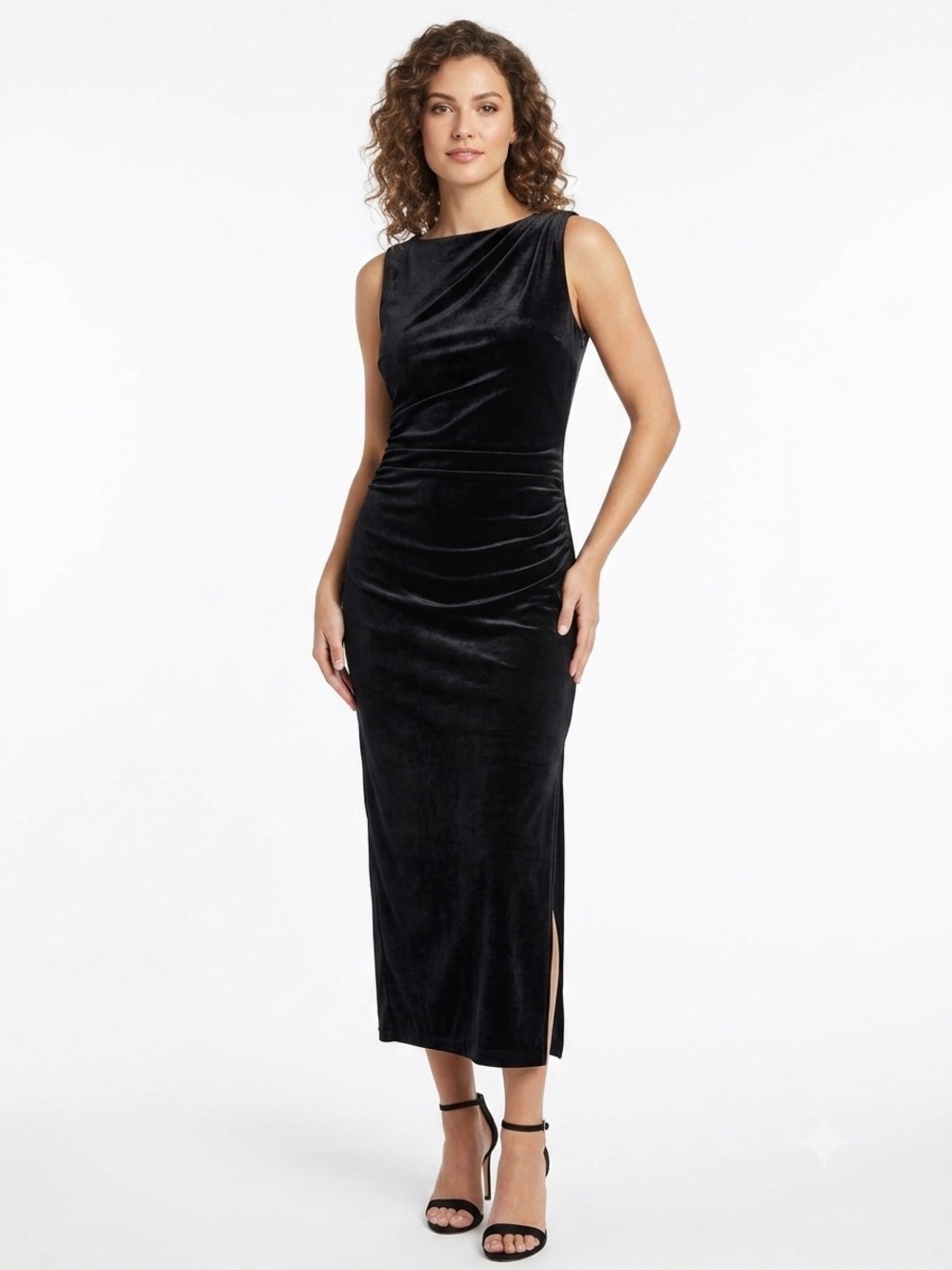 Donna Morgan Black Velvet Ruched Midi Dress Womens Size 2 Sleeveless Sheath NWT